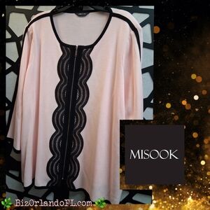 BOUTIQUE: Misook Pink Cardigan with Black Swirl Trim Down Front Outlining Zipper